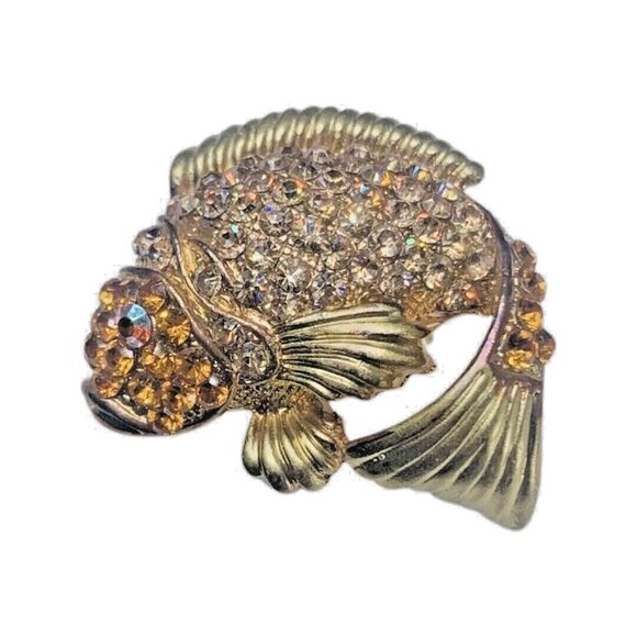 Crystal Japanese Koi Fish Brooch Pin 1.5” Gold Tone Whimsical Fish Vintage - Picture 5 of 16